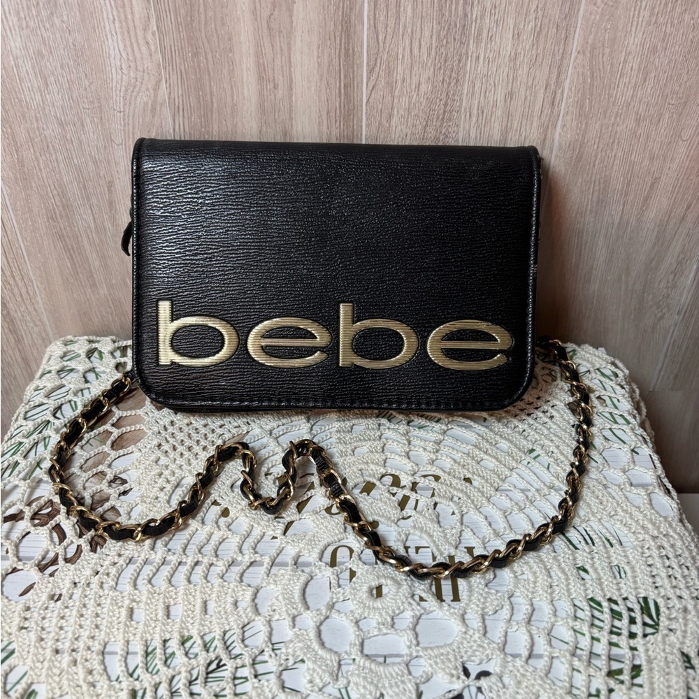 Bebe Fabiola Black Crossbody with Gold Chain